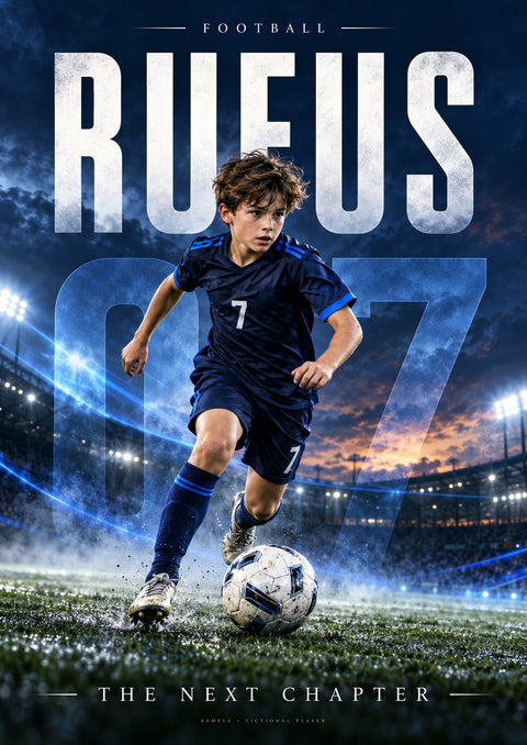 Illustrative football Action Hero personalised poster with fictional player Rufus, unframed A4 design.