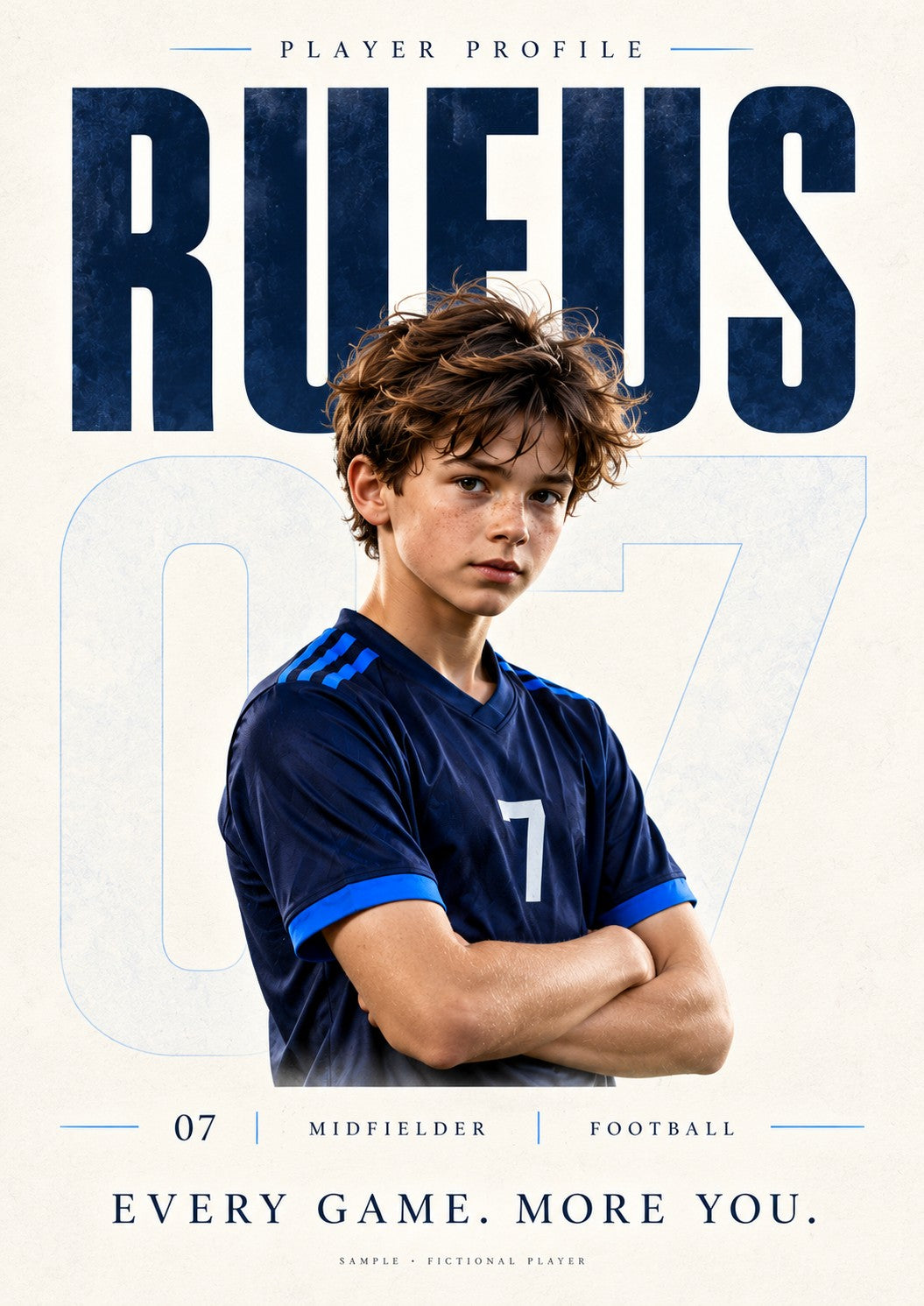 Illustrative football Player Profile personalised poster with fictional player Rufus, unframed A4 design.