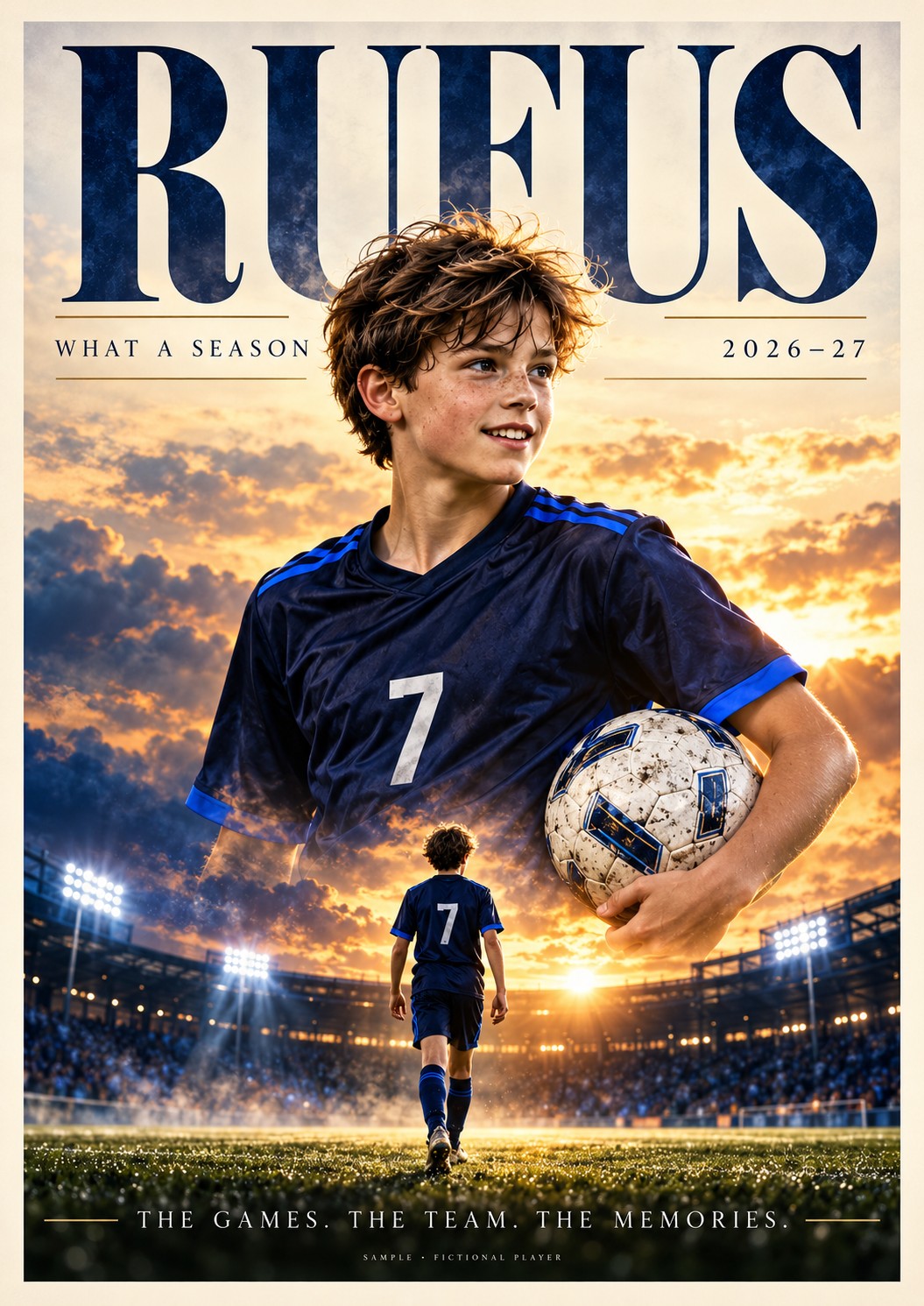 Illustrative football Season Keepsake personalised poster with fictional player Rufus, unframed A4 design.