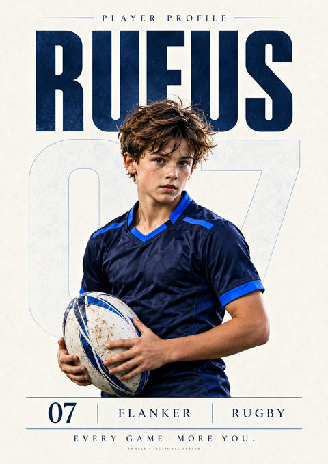 Illustrative rugby Player Profile personalised poster with fictional player Rufus, unframed A4 design.